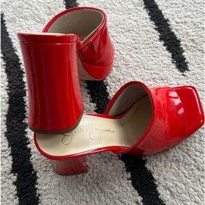 Jessica Simpson chili red patented thick heeled slides